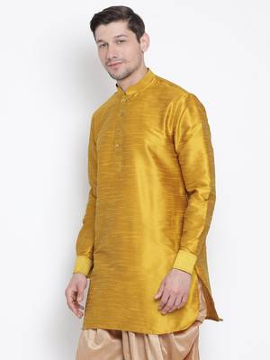 Yellow Plain Silk Blend Men-Kurtas 3