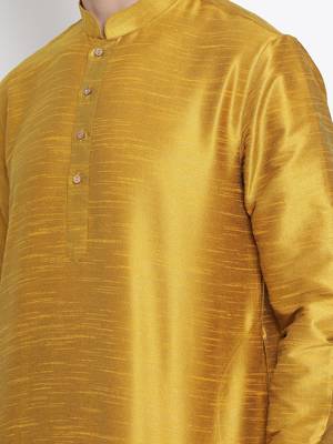 Yellow Plain Silk Blend Men-Kurtas 4