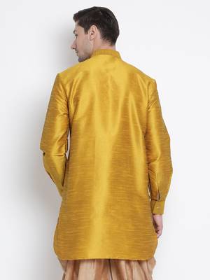 Yellow Plain Silk Blend Men-Kurtas 5