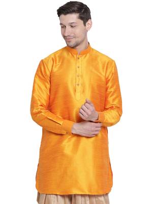 Orange Plain Silk Blend Men-Kurtas 1