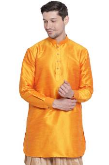 Orange Plain Silk Blend Men-Kurtas