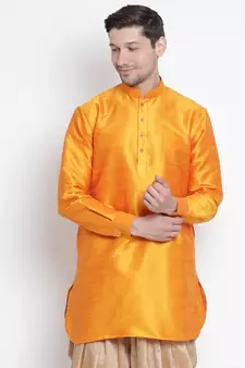 Orange Plain Silk Blend Men-Kurtas