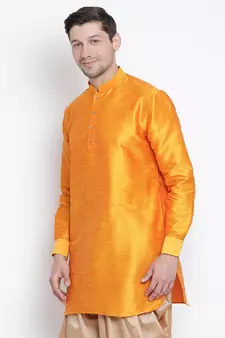 Orange Plain Silk Blend Men-Kurtas