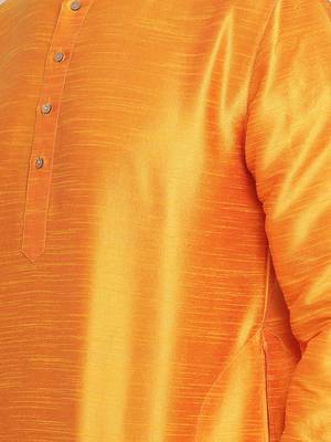 Orange Plain Silk Blend Men-Kurtas 4
