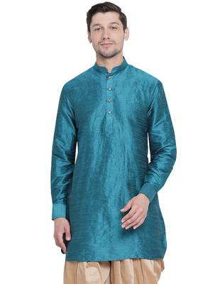 Green Plain Silk Blend Men-Kurtas 1