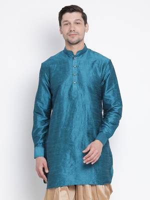 Green Plain Silk Blend Men-Kurtas 2