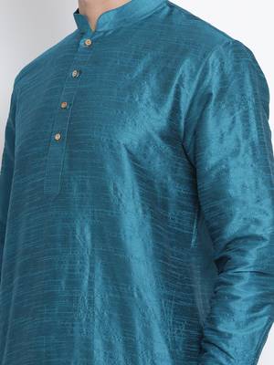 Green Plain Silk Blend Men-Kurtas 4