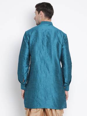 Green Plain Silk Blend Men-Kurtas 5