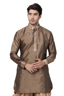 Gold Plain Silk Blend Men-Kurtas