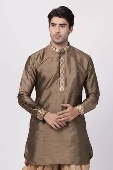 Gold Plain Silk Blend Men-Kurtas