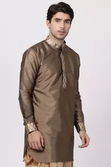 Gold Plain Silk Blend Men-Kurtas