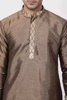 Gold Plain Silk Blend Men-Kurtas