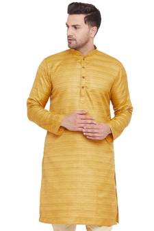 Yellow Plain Silk Blend Men-Kurtas