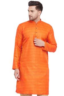 Orange Plain Silk Blend Men-Kurtas