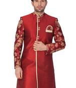 Maroon Plain Silk Blend Sherwani