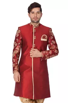 Maroon Plain Silk Blend Sherwani
