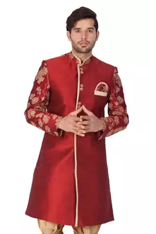 Maroon Plain Silk Blend Sherwani