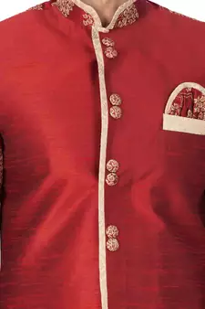 Maroon Plain Silk Blend Sherwani