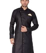 Black Plain Blended Cotton Sherwani Top Only