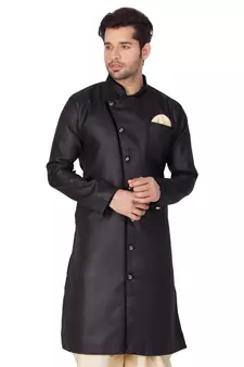 Black Plain Blended Cotton Sherwani Top Only