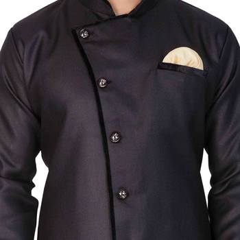 Black Plain Blended Cotton Sherwani Top Only 3