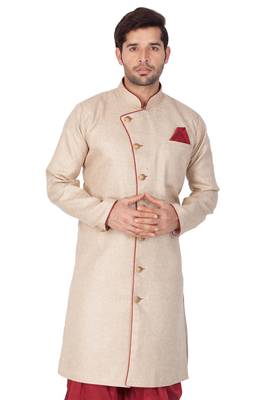 Beige Plain Blended Cotton Sherwani Only Top 1