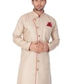 Beige Plain Blended Cotton Sherwani Only Top