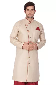 Beige Plain Blended Cotton Sherwani Only Top
