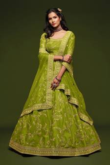 Neon Green Thread, Zari, Dori, and Sequins Embroidered Art Silk Semi Stitched Bridal Lehenga