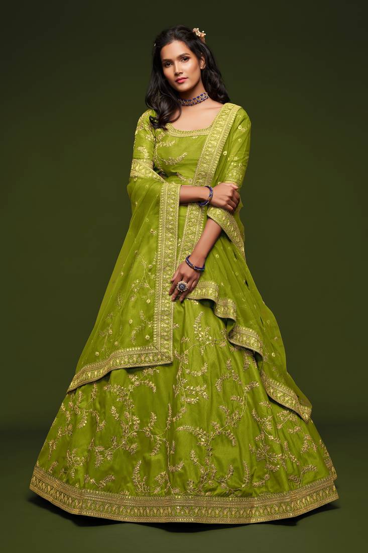 Neon Green Thread, Zari, Dori, and Sequins Embroidered Art Silk Semi Stitched Bridal Lehenga