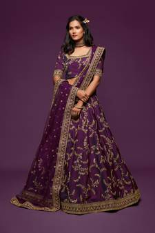 Purple Thread, Zari, Dori, and Sequins Embroidered Art Silk Semi Stitched Bridal Lehenga