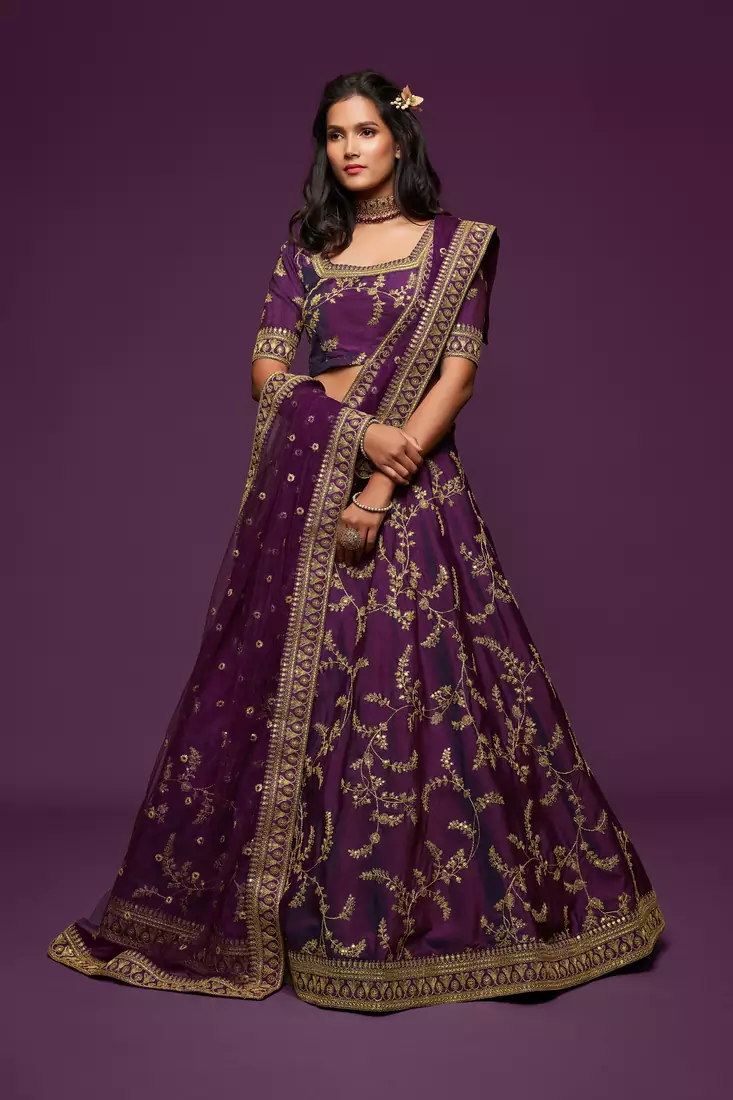 Purple Thread, Zari, Dori, and Sequins Embroidered Art Silk Semi Stitched Bridal Lehenga