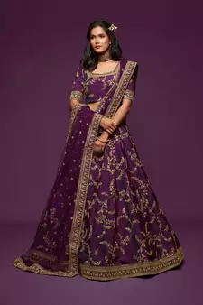 Purple Thread, Zari, Dori, and Sequins Embroidered Art Silk Semi Stitched Bridal Lehenga