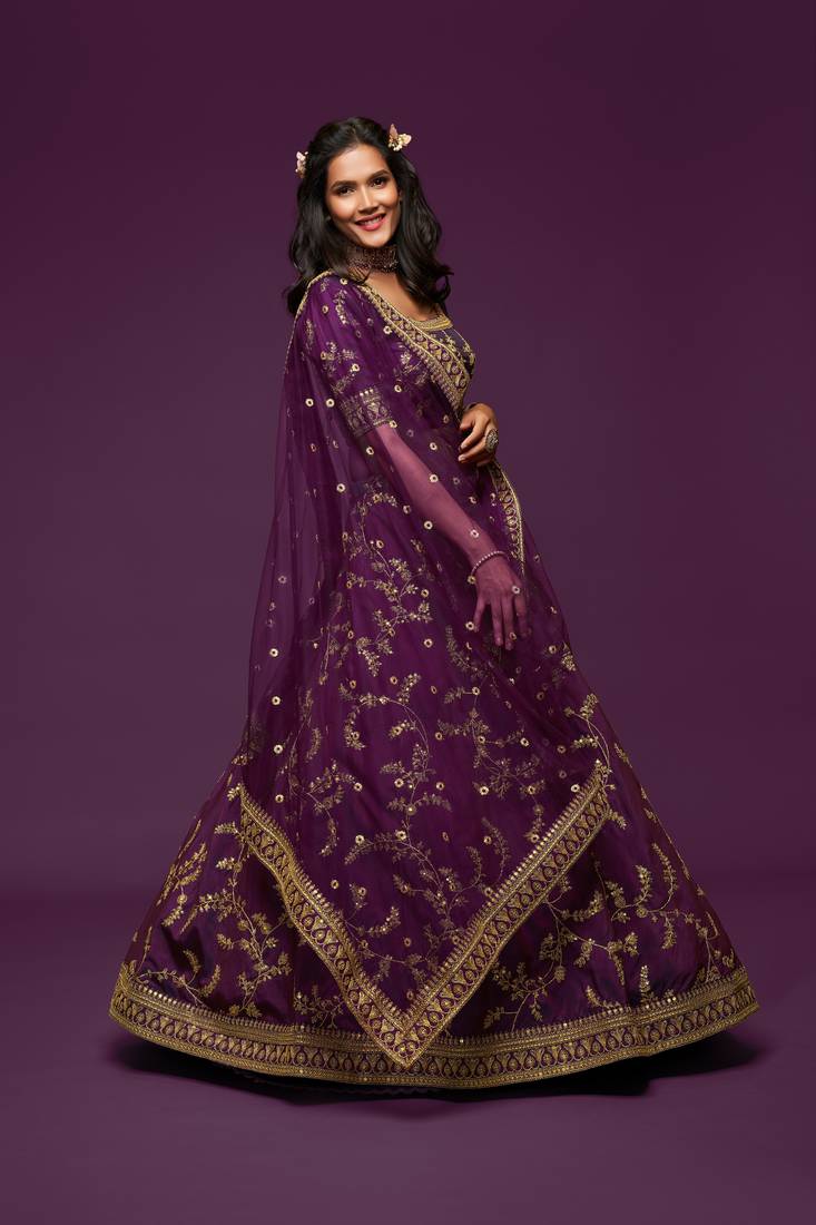 Mesmerizing Purple Thread, Zari, Dori, and Sequins Embroidered Art Silk Bridal Lehenga