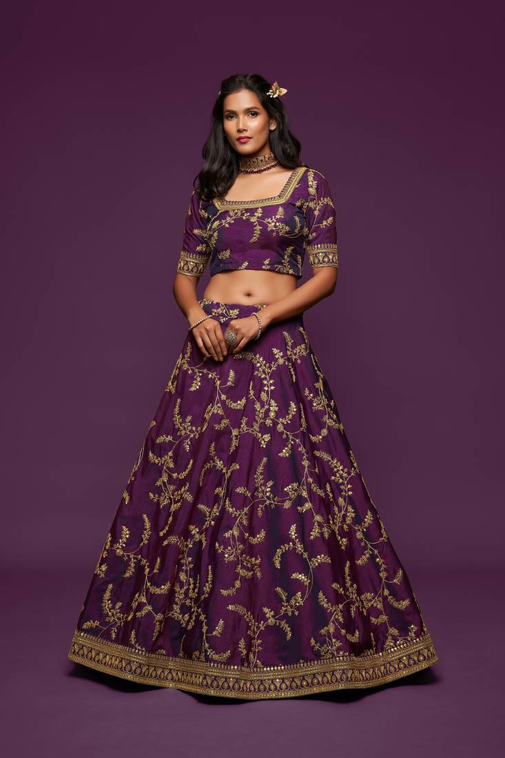 Mesmerizing Purple Thread, Zari, Dori, and Sequins Embroidered Art Silk Bridal Lehenga