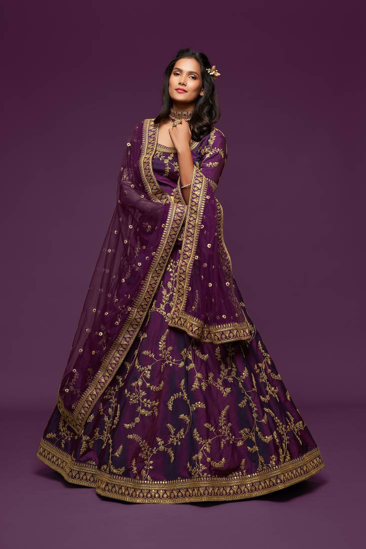 Mesmerizing Purple Thread, Zari, Dori, and Sequins Embroidered Art Silk Bridal Lehenga