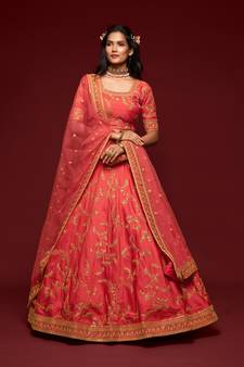 Carrot pink Thread, Zari, Dori, and Sequins Embroidered Art Silk Semi Stitched Bridal Lehenga