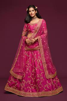 Pink Thread, Zari, Dori, and Sequins Embroidered Art Silk Semi Stitched Bridal Lehenga