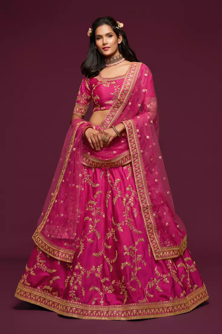 Pink Thread, Zari, Dori, and Sequins Embroidered Art Silk Semi Stitched Bridal Lehenga