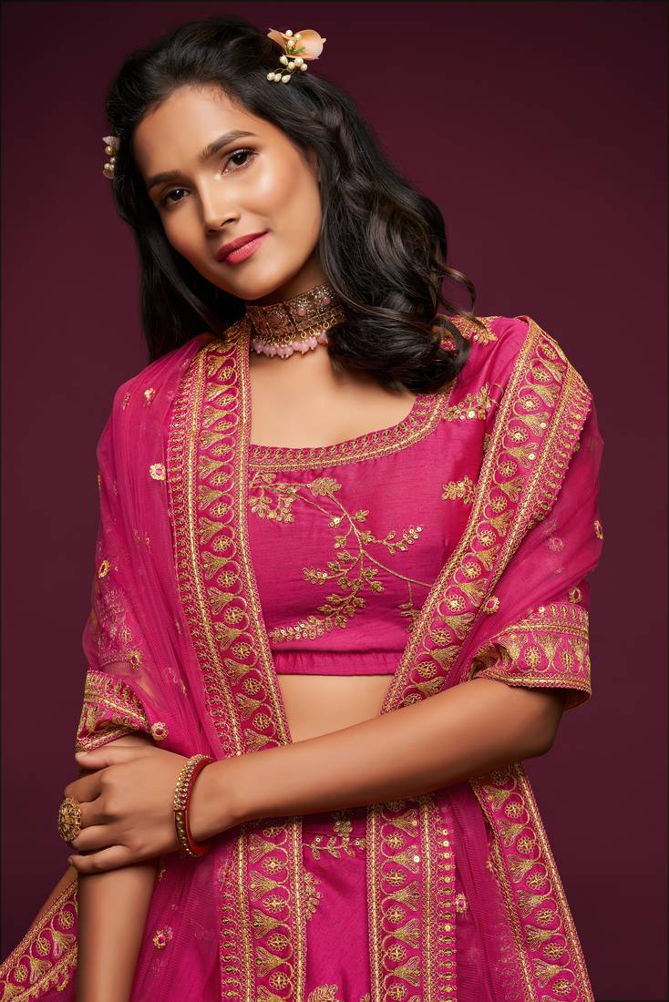 Hypnotizing Hot Pink Thread, Zari, Dori, and Sequins Embroidered Art Silk Lehenga
