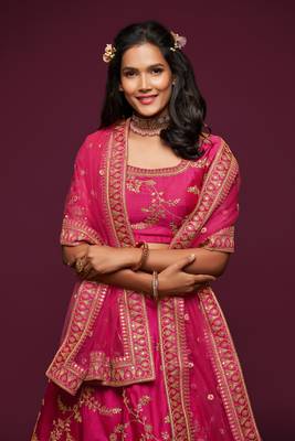 Hypnotizing Hot Pink Thread, Zari, Dori, and Sequins Embroidered Art Silk Lehenga 3