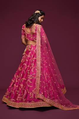 Hypnotizing Hot Pink Thread, Zari, Dori, and Sequins Embroidered Art Silk Lehenga 4