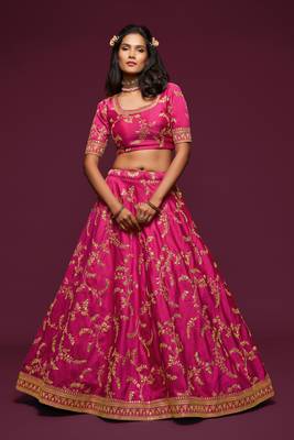 Hypnotizing Hot Pink Thread, Zari, Dori, and Sequins Embroidered Art Silk Lehenga 5