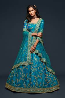 Teal blue Thread, Zari, Dori, and Sequins Embroidered Art Silk Semi Stitched Bridal Lehenga