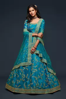 Teal blue Thread, Zari, Dori, and Sequins Embroidered Art Silk Semi Stitched Bridal Lehenga