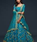 Enchanting Teal blue Thread, Zari, Dori, and Sequins Embroidered Art Silk Bridal Lehenga choli