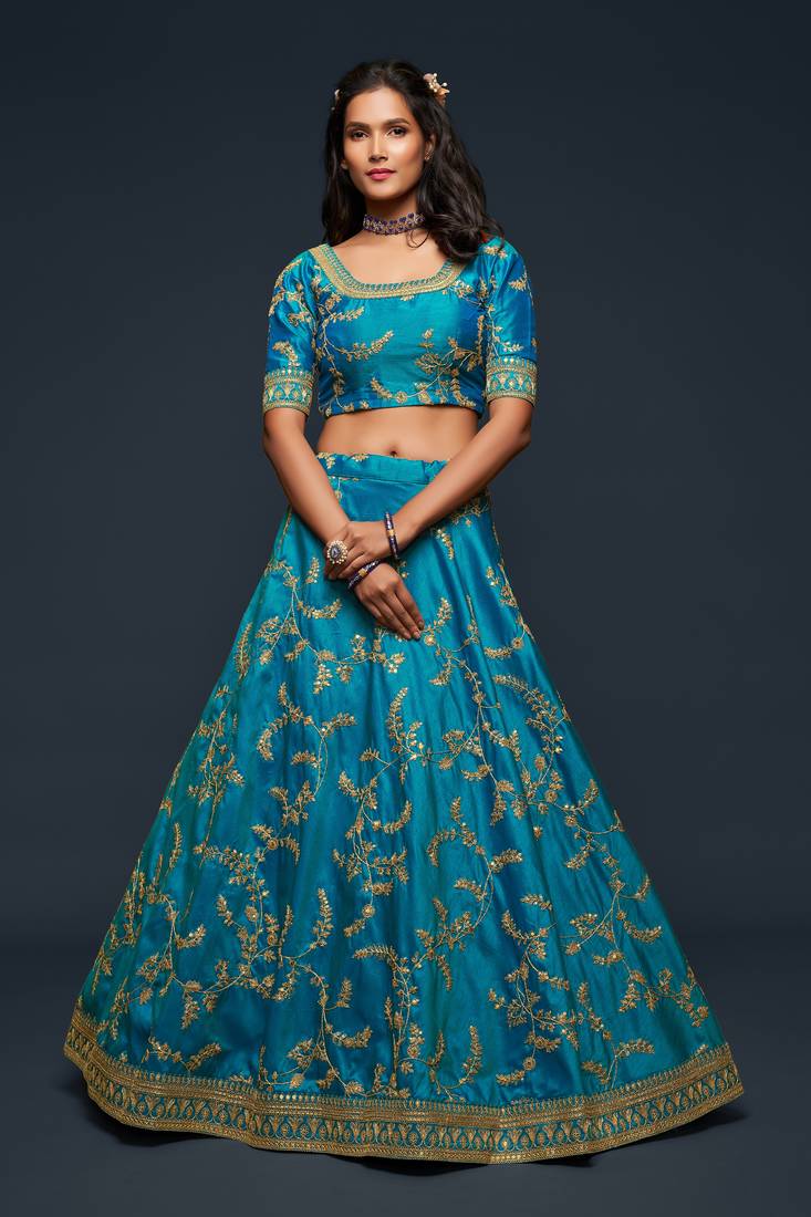 Enchanting Teal blue Thread, Zari, Dori, and Sequins Embroidered Art Silk Bridal Lehenga choli