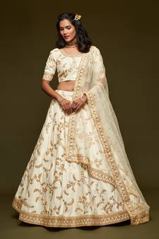 White Thread, Zari, Dori, and Sequins Embroidered Art Silk Semi Stitched Bridal Lehenga