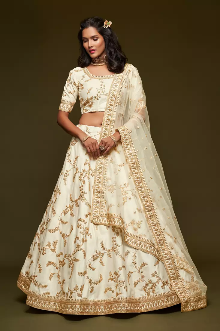 White Thread, Zari, Dori, and Sequins Embroidered Art Silk Semi Stitched Bridal Lehenga