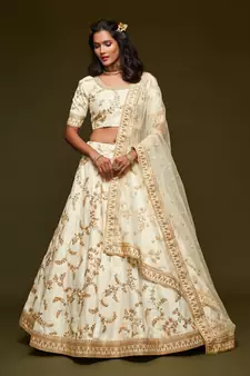 White Thread, Zari, Dori, and Sequins Embroidered Art Silk Semi Stitched Bridal Lehenga
